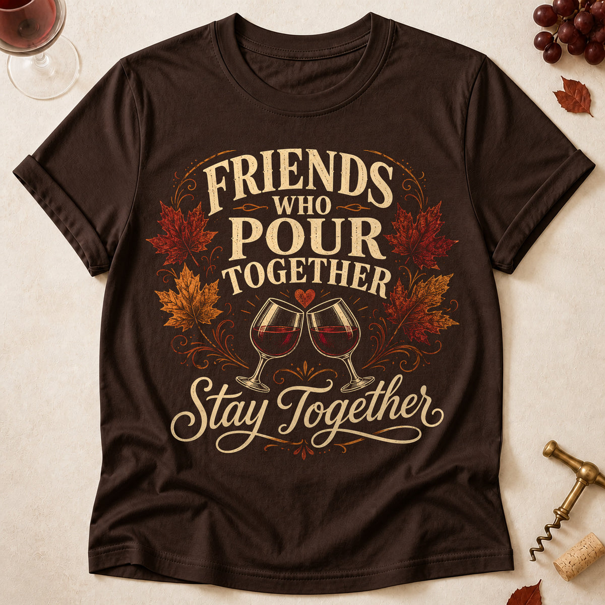 Friends Who Pour Together Stay Together Fall Colored Print T-Shirt - Dark Chocolate - Brooke & Belle