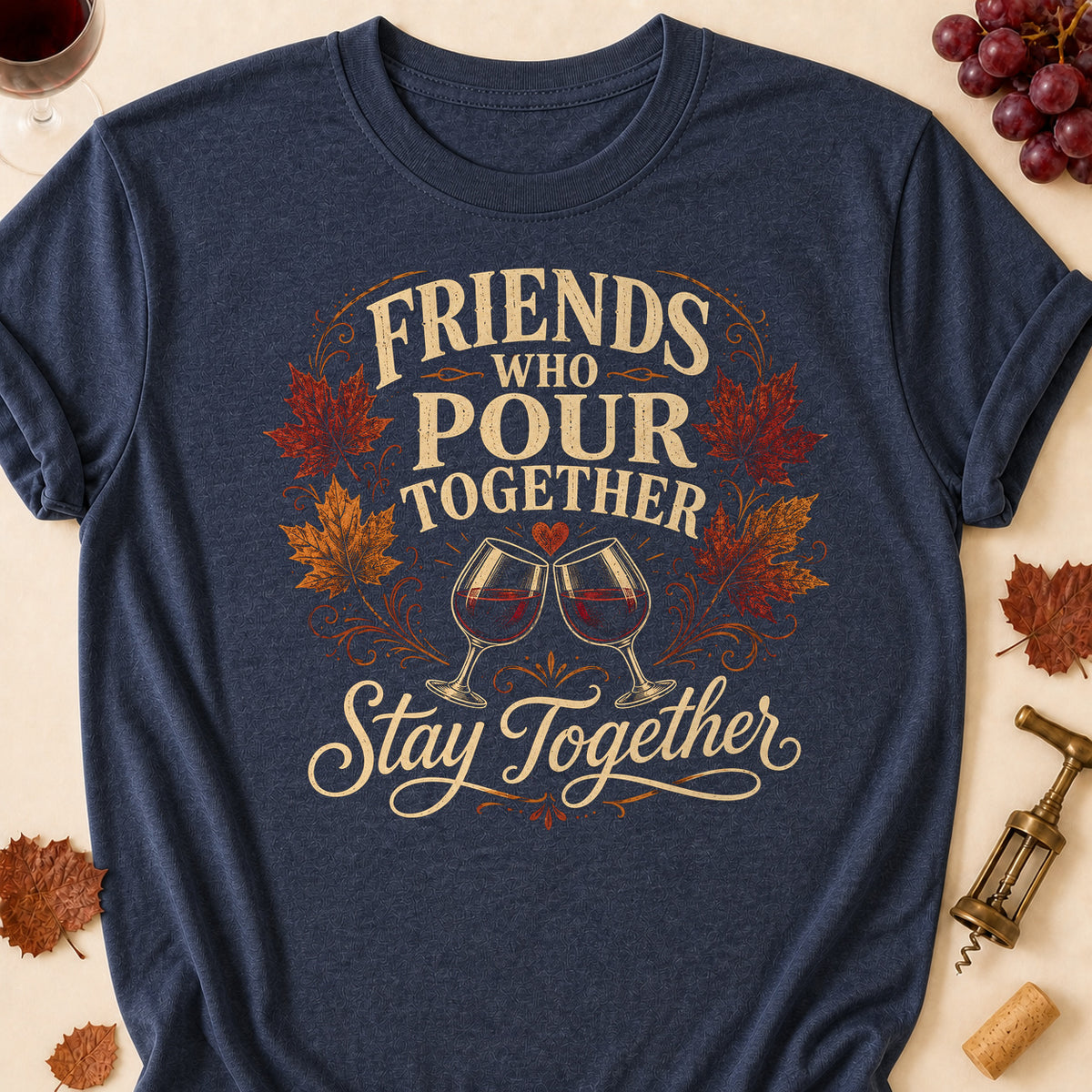 Friends Who Pour Together Stay Together Fall Colored Print T-Shirt - Heather Navy - Brooke & Belle
