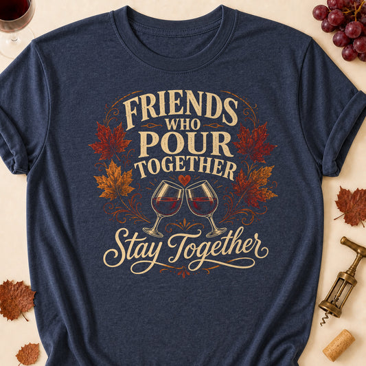 Friends Who Pour Together Stay Together Fall Colored Print T-Shirt - Heather Navy - Brooke & Belle