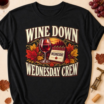 Wine Down Wednesday Crew Fall Colored Print T-Shirt - Black - Brooke & Belle