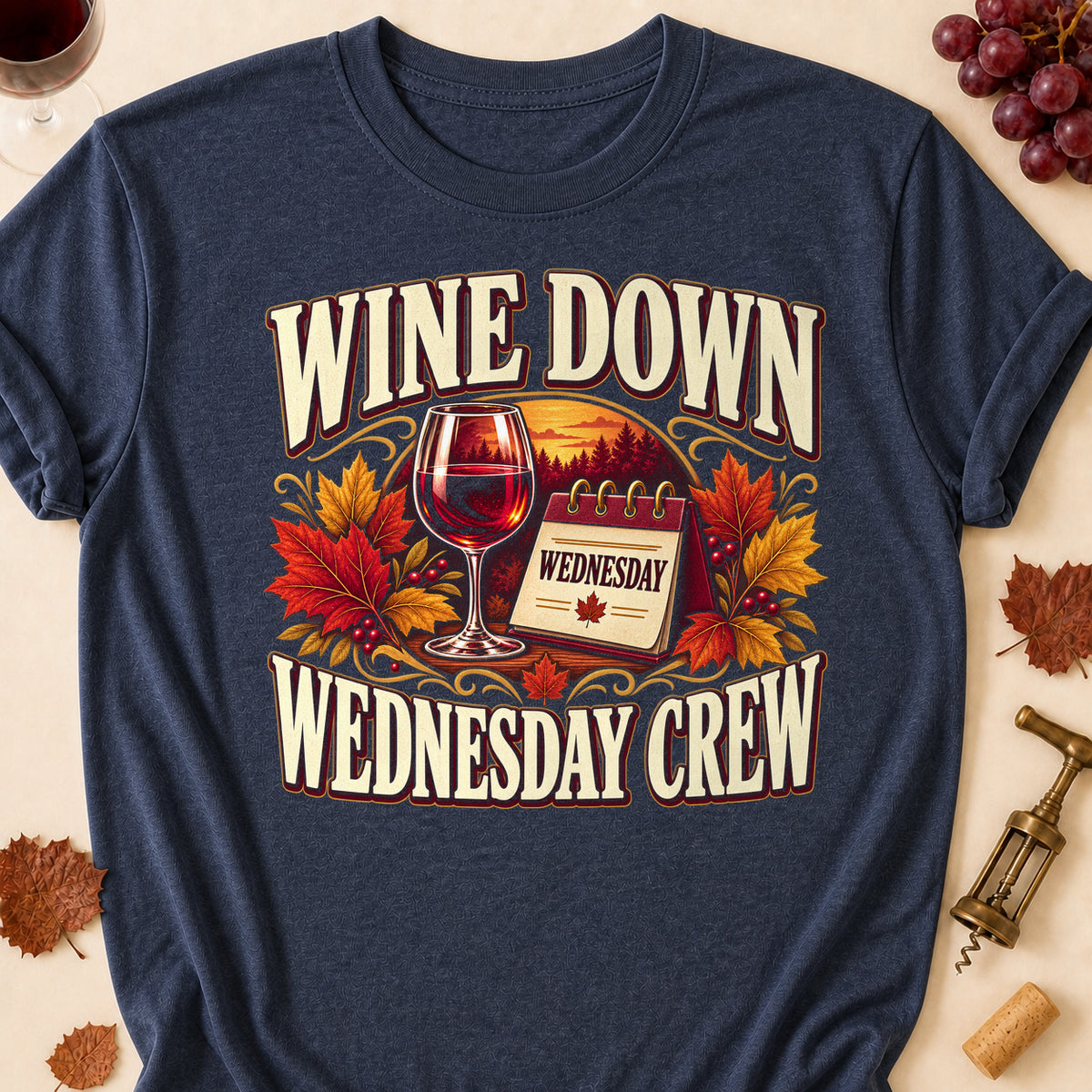 Wine Down Wednesday Crew Fall Colored Print T-Shirt - Heather Navy - Brooke & Belle