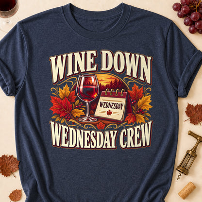 Wine Down Wednesday Crew Fall Colored Print T-Shirt - Heather Navy - Brooke & Belle