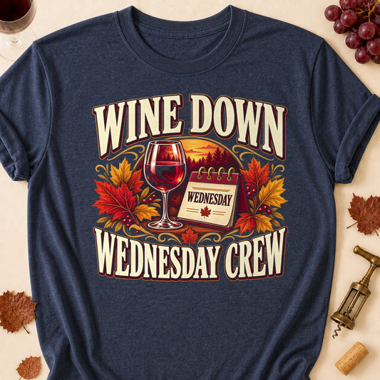 Wine Down Wednesday Crew Fall Colored Print T-Shirt - Heather Navy - Brooke & Belle