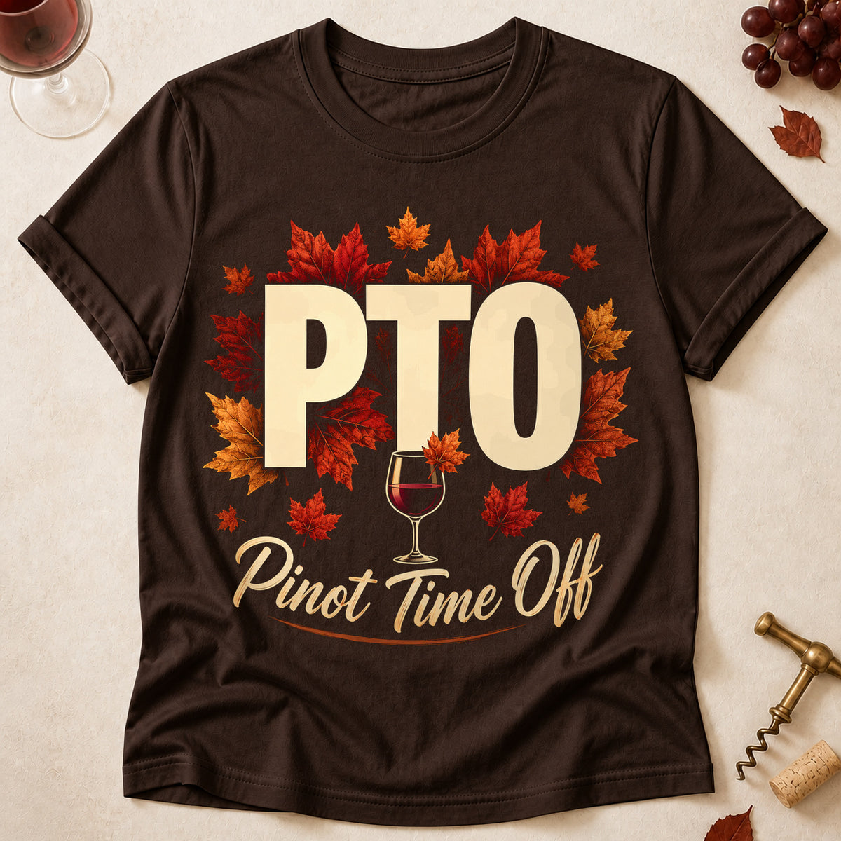 PTO Pinot Time Off Fall Colored Print T-Shirt - Dark Chocolate - Brooke & Belle