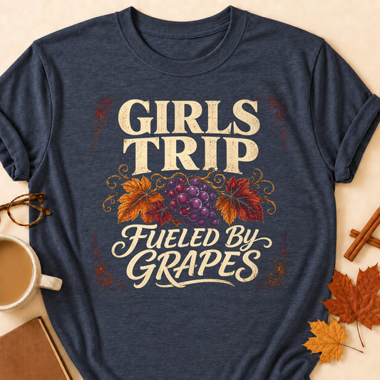 Girls Trip Fueled By Grapes Fall Colored Print T-Shirt - Heather Navy - Brooke & Belle