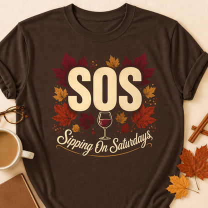 SOS Sipping On Saturdays Fall Colored Print T-Shirt - Dark Chocolate - Brooke & Belle