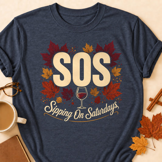 SOS Sipping On Saturdays Fall Colored Print T-Shirt - Heather Navy - Brooke & Belle