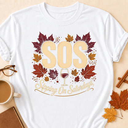 SOS Sipping On Saturdays Fall Colored Print T-Shirt - White - Brooke & Belle