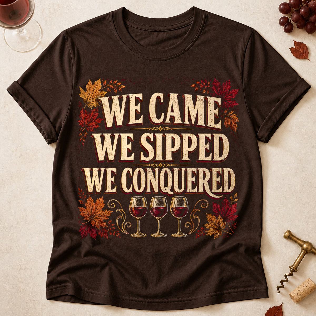 We Came We Sipped We Conquered Fall Colored Print T-Shirt - Dark Chocolate - Brooke & Belle