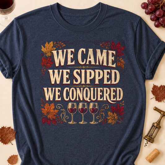 We Came We Sipped We Conquered Fall Colored Print T-Shirt - Heather Navy - Brooke & Belle