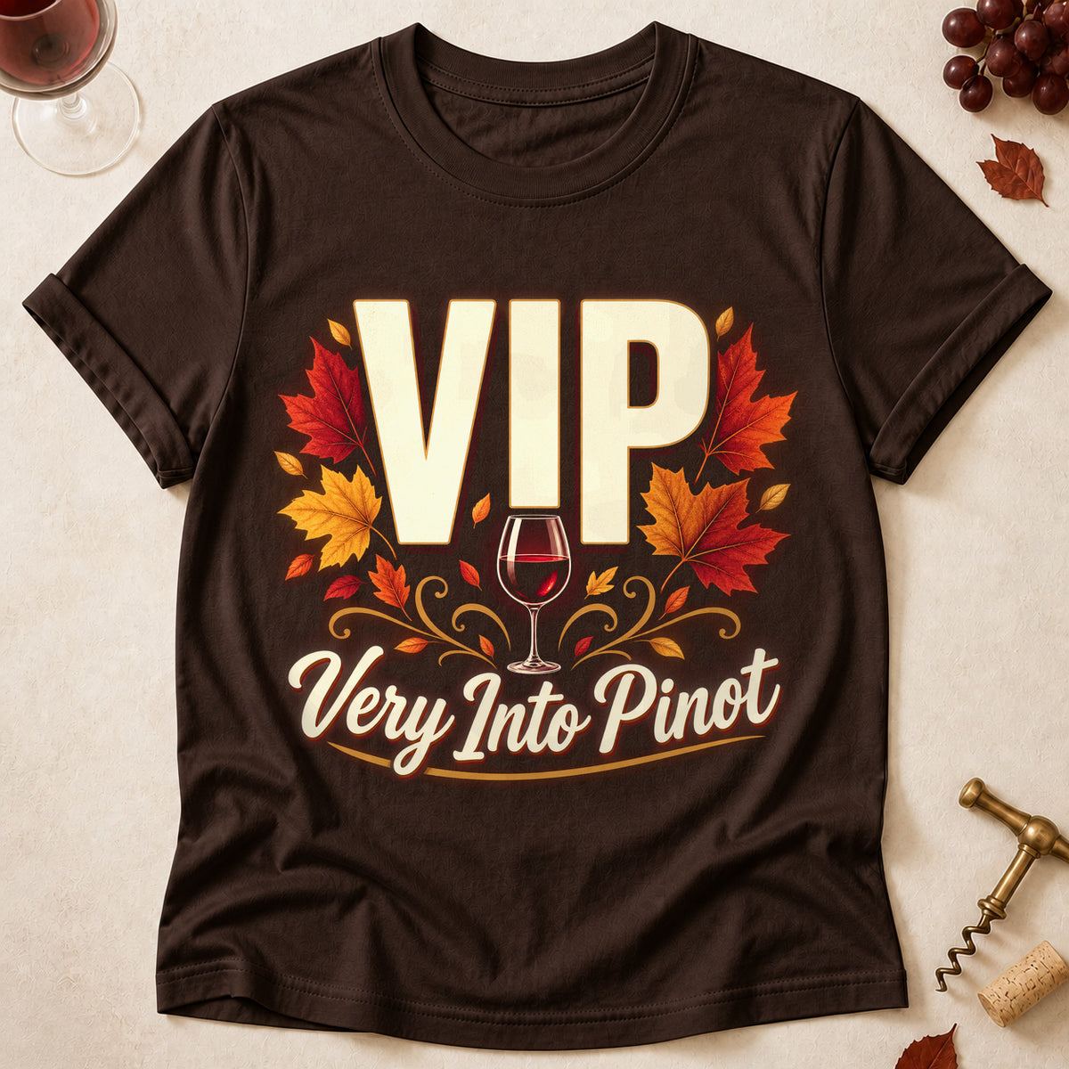 VIP Very Into Pinot Fall Colored Print T-Shirt - Dark Chocolate - Brooke & Belle