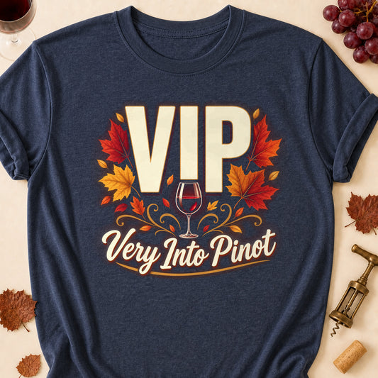 VIP Very Into Pinot Fall Colored Print T-Shirt - Heather Navy - Brooke & Belle