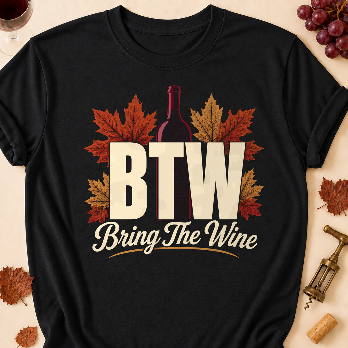 BTW Bring The Wine Fall Colored Print T-Shirt - Black - Brooke & Belle