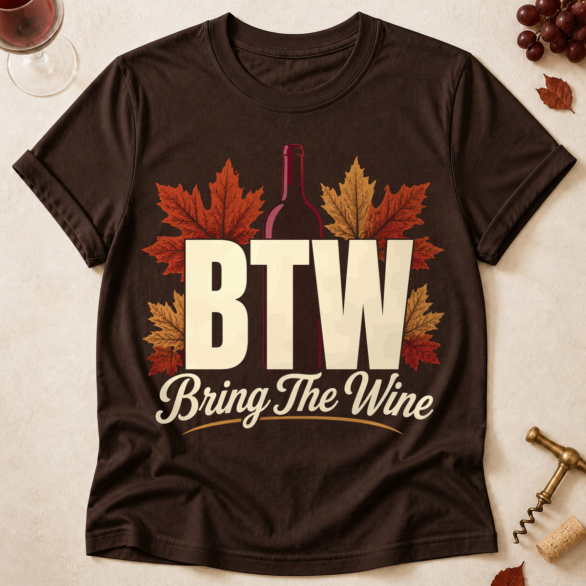 BTW Bring The Wine Fall Colored Print T-Shirt - Dark Chocolate - Brooke & Belle