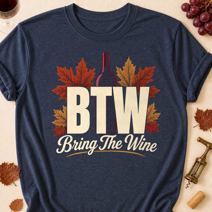 BTW Bring The Wine Fall Colored Print T-Shirt - Heather Navy - Brooke & Belle