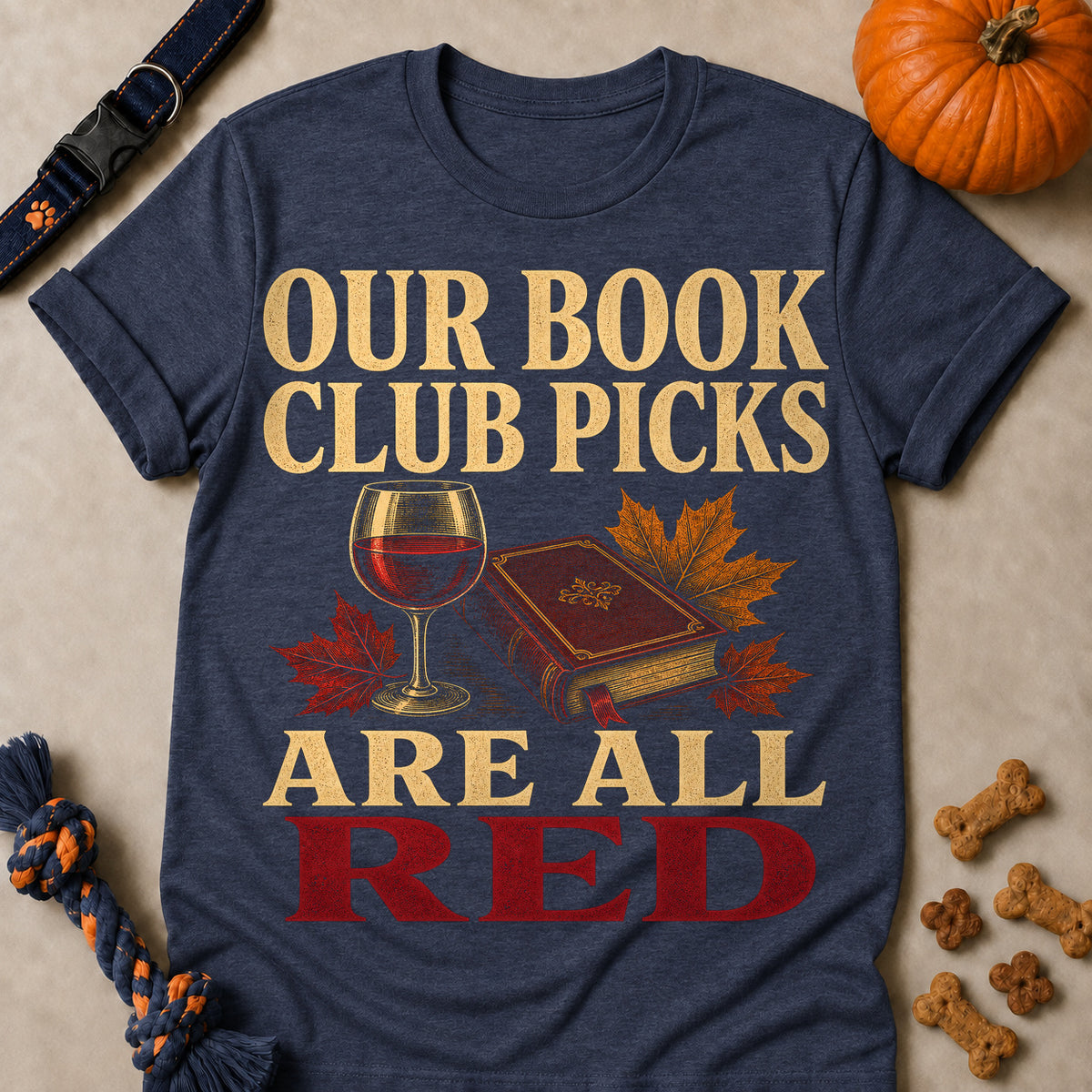 Our Book Club Picks Are All Red Fall Colored Print T-Shirt - Heather Navy - Brooke & Belle