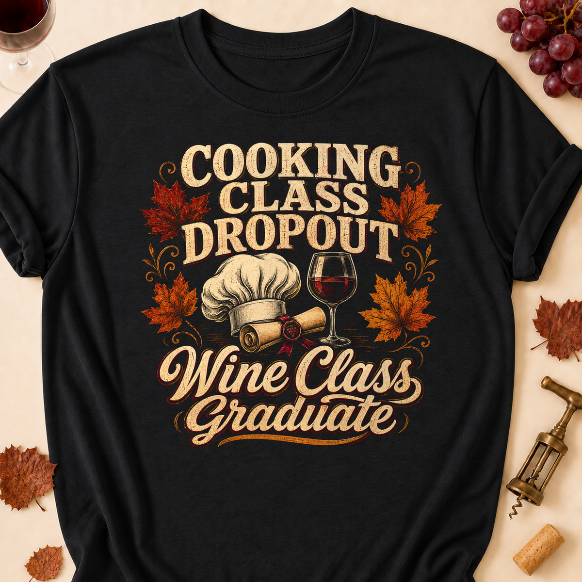 Cooking Class Dropout Wine Class Graduate Fall Colored Print T-Shirt - Black - Brooke & Belle