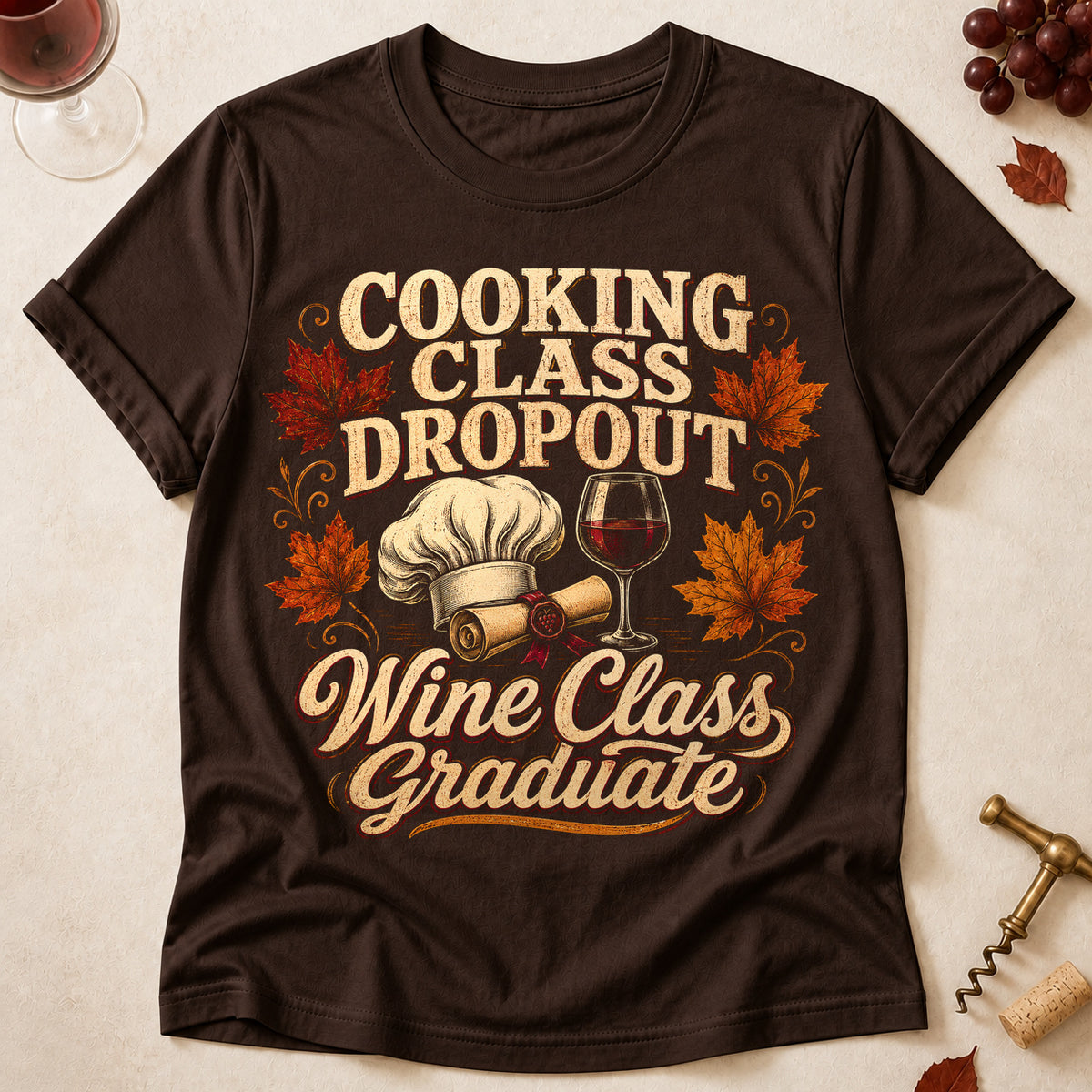 Cooking Class Dropout Wine Class Graduate Fall Colored Print T-Shirt - Dark Chocolate - Brooke & Belle