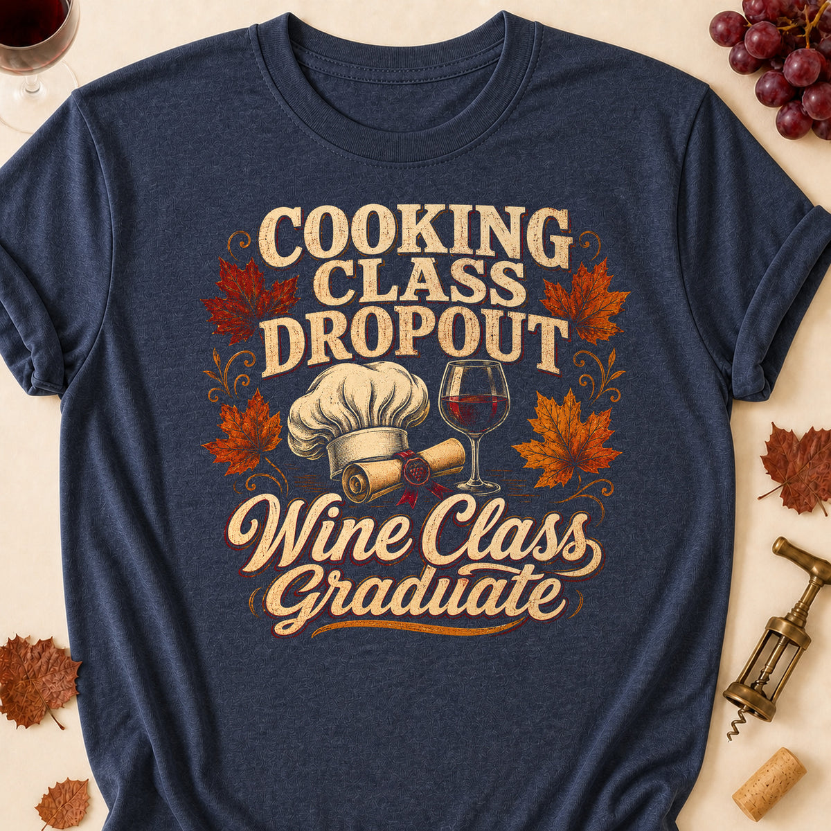 Cooking Class Dropout Wine Class Graduate Fall Colored Print T-Shirt - Heather Navy - Brooke & Belle