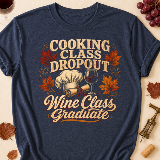Cooking Class Dropout Wine Class Graduate Fall Colored Print T-Shirt - Heather Navy - Brooke & Belle