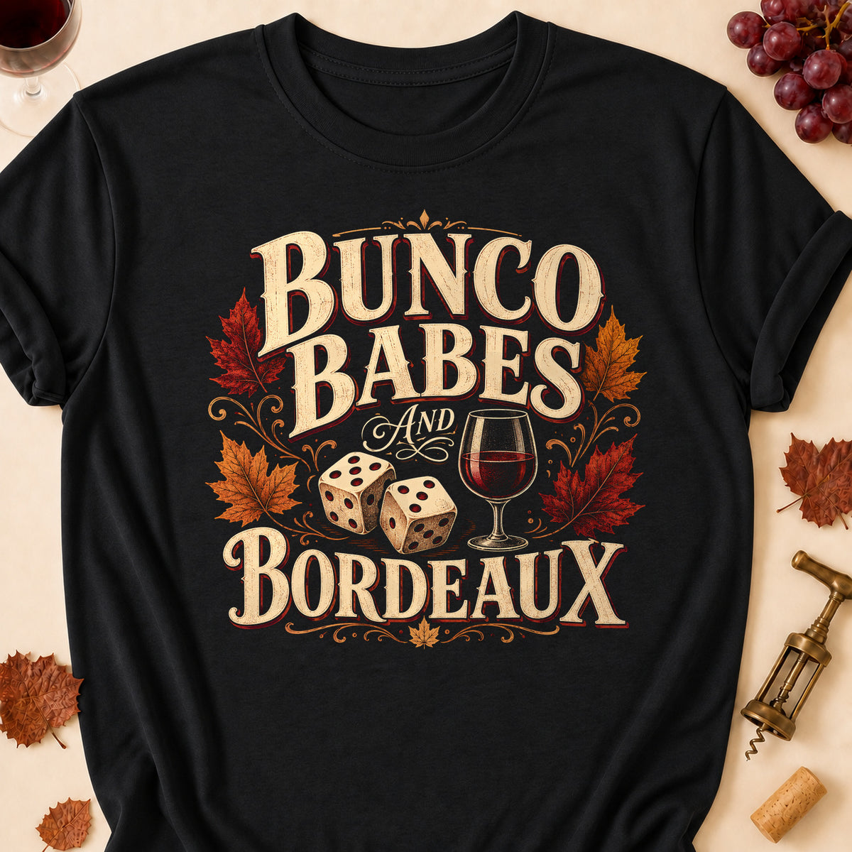 Bunco Babes And Bordeaux Fall Colored Print T-Shirt - Black - Brooke & Belle