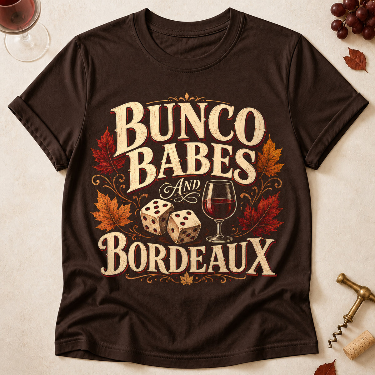 Bunco Babes And Bordeaux Fall Colored Print T-Shirt - Dark Chocolate - Brooke & Belle