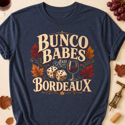 Bunco Babes And Bordeaux Fall Colored Print T-Shirt - Heather Navy - Brooke & Belle