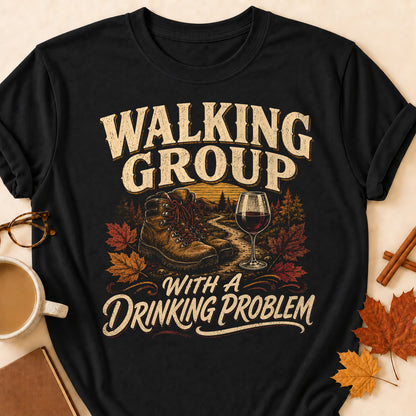 Walking Group With A Drinking Problem Fall Colored Print T-Shirt - Black - Brooke & Belle