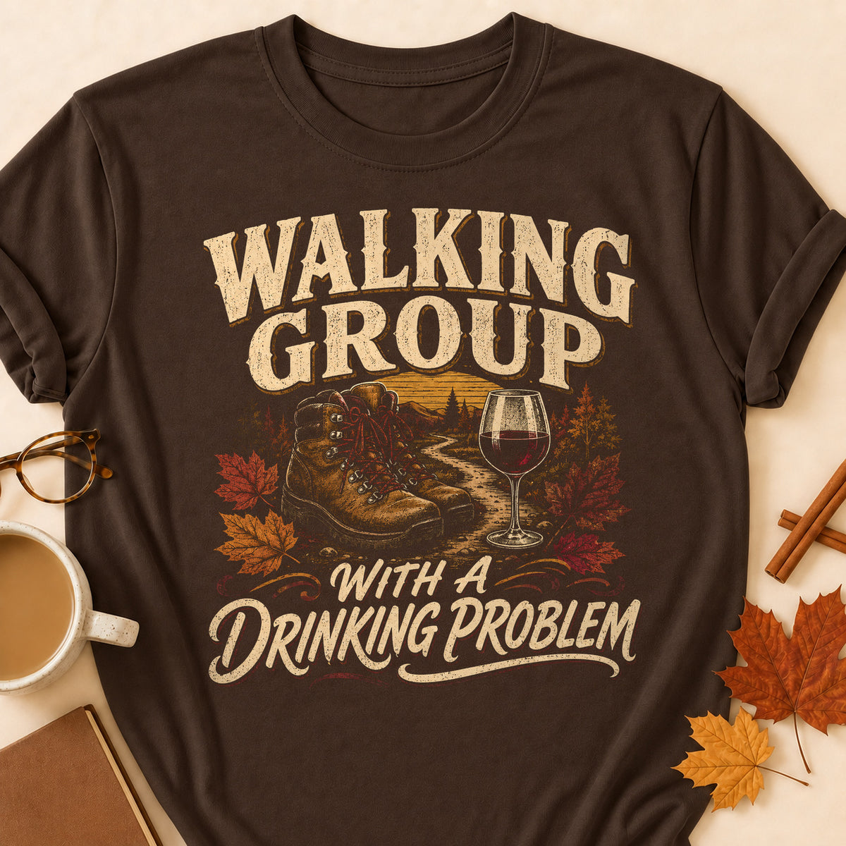Walking Group With A Drinking Problem Fall Colored Print T-Shirt - Dark Chocolate - Brooke & Belle