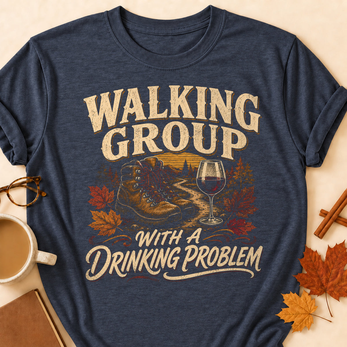 Walking Group With A Drinking Problem Fall Colored Print T-Shirt - Heather Navy - Brooke & Belle
