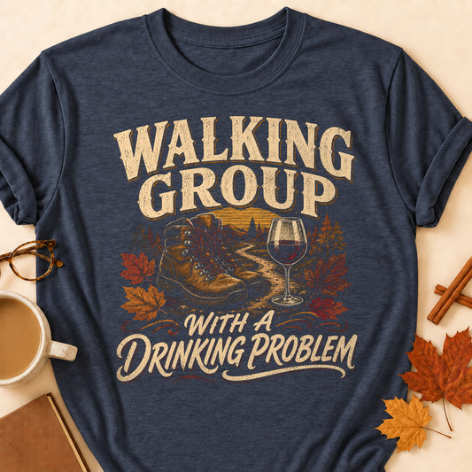 Walking Group With A Drinking Problem Fall Colored Print T-Shirt - Heather Navy - Brooke & Belle