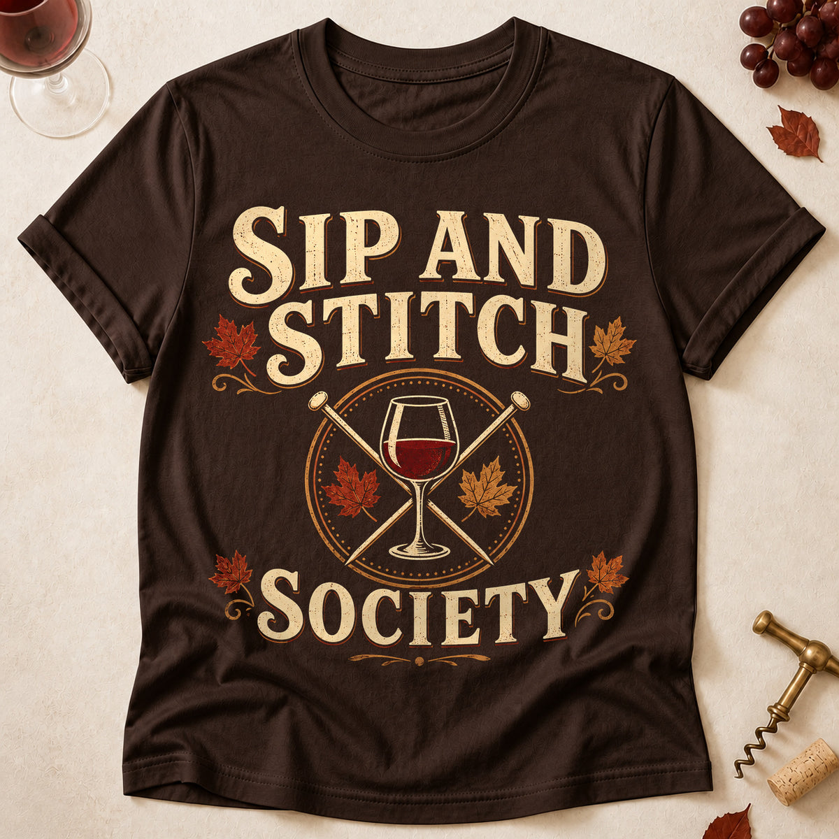 Sip And Stitch Society Fall Colored Print T-Shirt - Dark Chocolate - Brooke & Belle