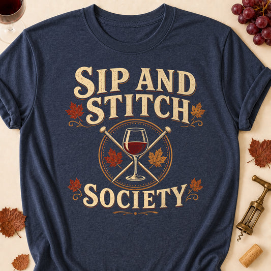 Sip And Stitch Society Fall Colored Print T-Shirt - Heather Navy - Brooke & Belle