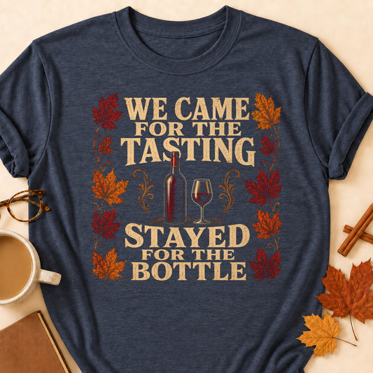 We Came For The Tasting Stayed For The Bottle Fall Colored Print T-Shirt - Heather Navy - Brooke & Belle