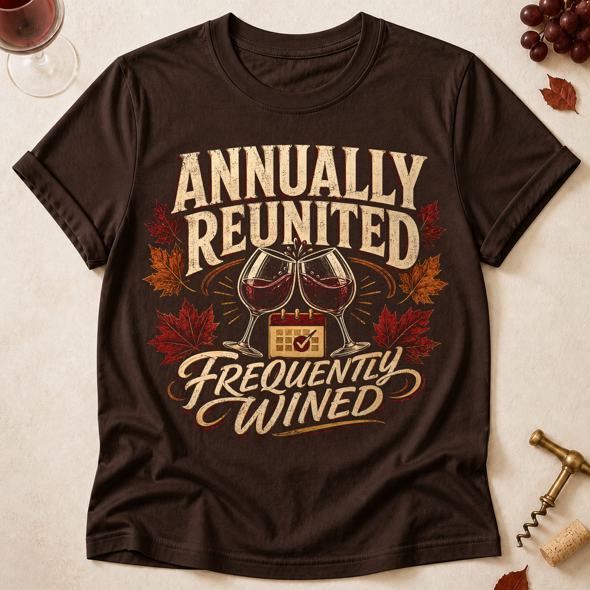 Annually Reunited Frequently Wined Fall Colored Print T-Shirt - Dark Chocolate - Brooke & Belle