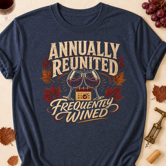 Annually Reunited Frequently Wined Fall Colored Print T-Shirt - Heather Navy - Brooke & Belle