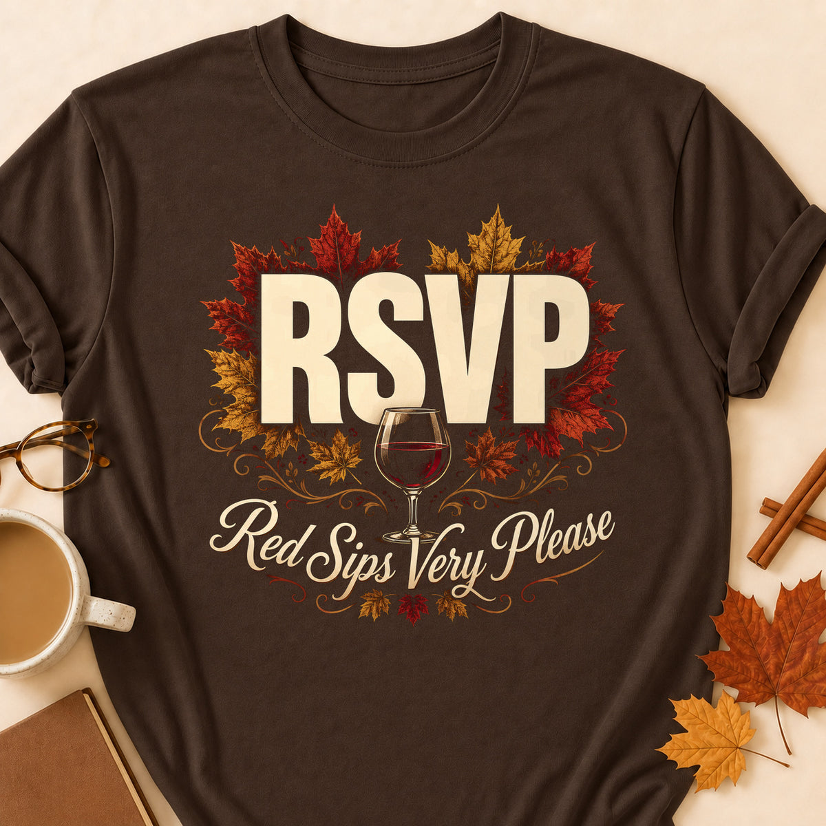 RSVP Red Sips Very Please Fall Colored Print T-Shirt - Dark Chocolate - Brooke & Belle