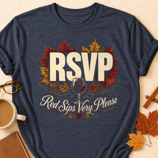 RSVP Red Sips Very Please Fall Colored Print T-Shirt - Heather Navy - Brooke & Belle