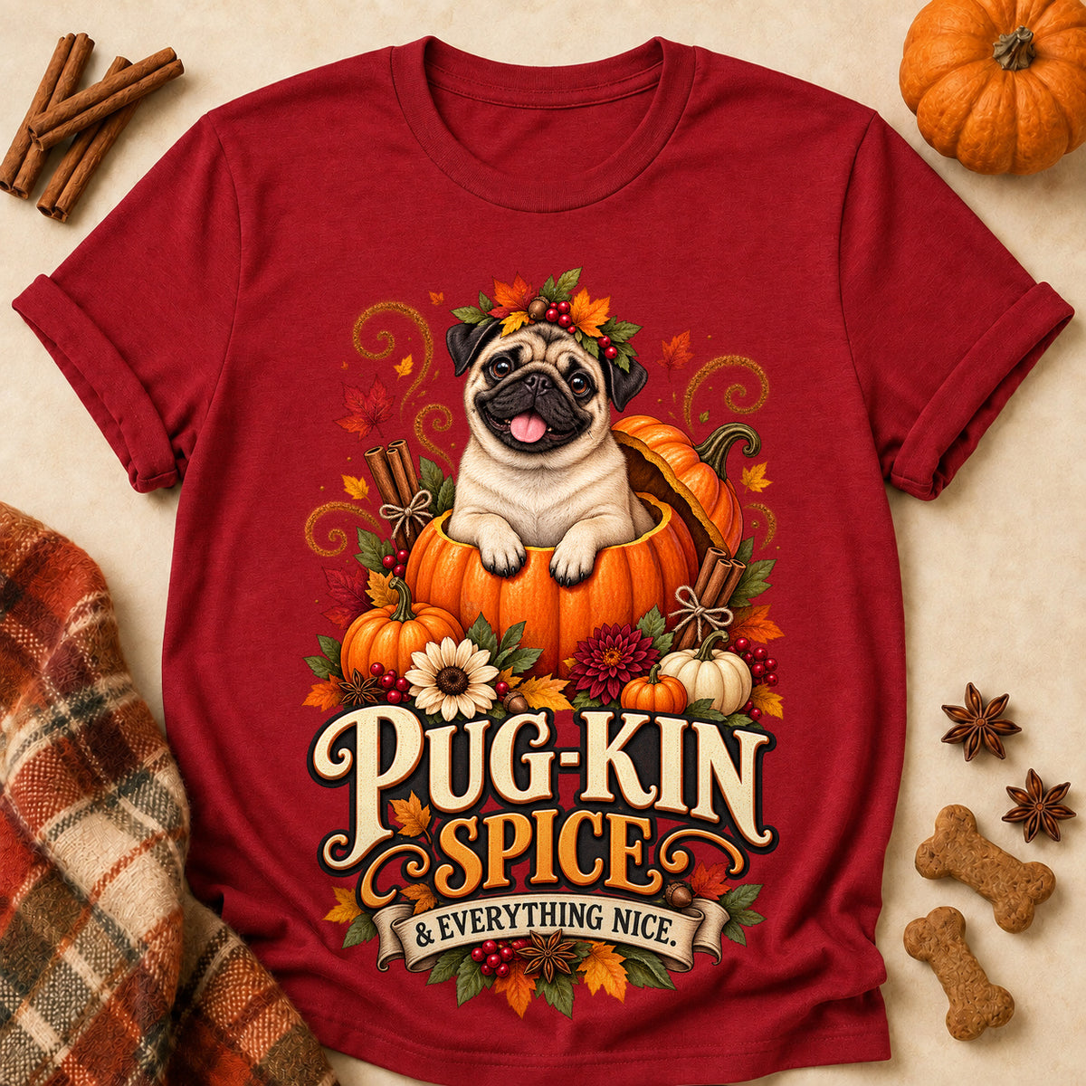 Pug-Kin Spice And Everything Nice Colored Print T-Shirt - Cardinal Red - Brooke & Belle