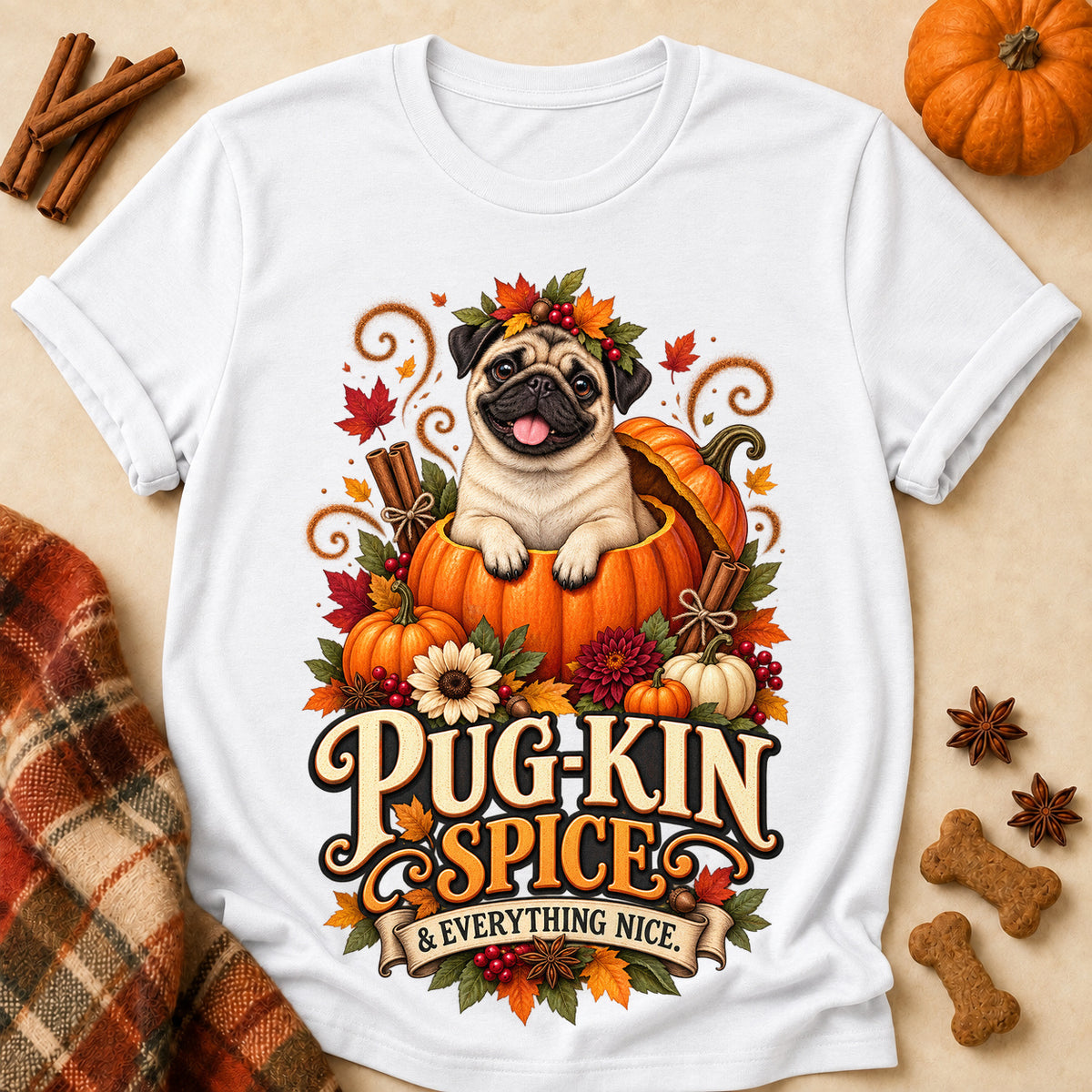 Pug-Kin Spice And Everything Nice Colored Print T-Shirt - White - Brooke & Belle