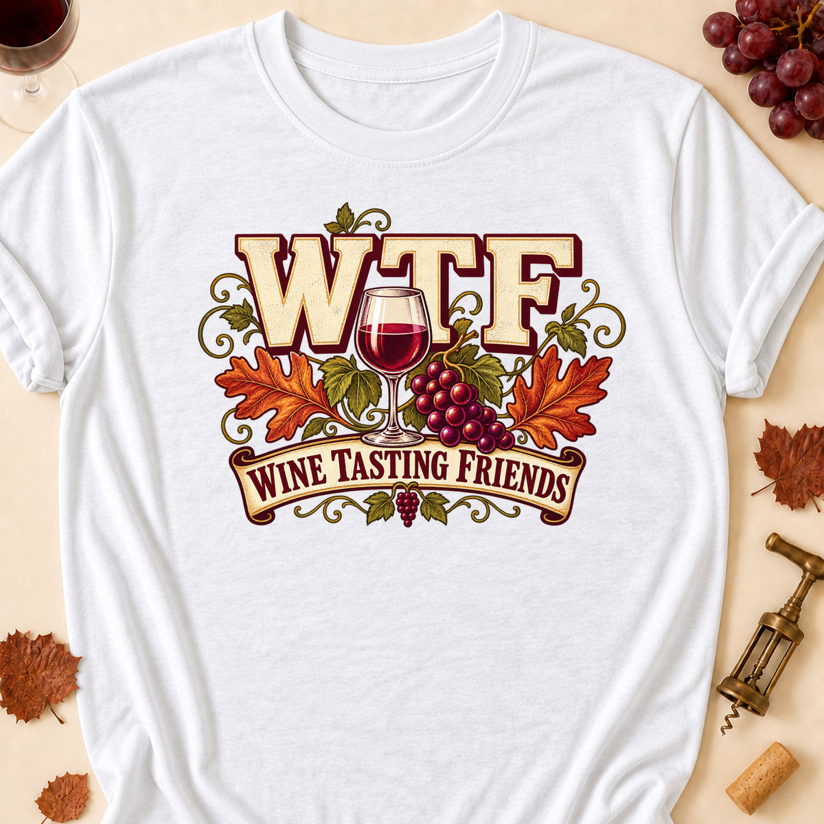 WTF Wine Tasting Friends Fall Colored Print T-Shirt - White - Brooke & Belle