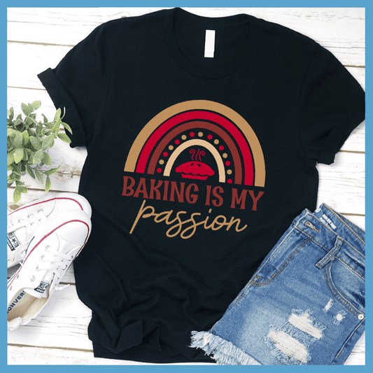 Baking Is My Passion T-Shirt Colored Edition Black - Graphic tee with 'Baking Is My Passion' text and colorful whisk design, perfect for culinary enthusiasts.