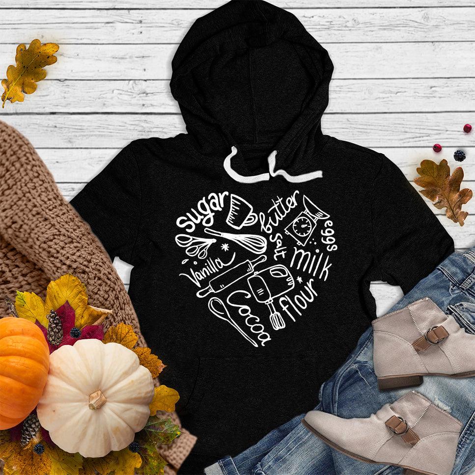 Bakery Heart Hoodie Black - Cozy bakery-themed hoodie with playful ingredient design, perfect for casual or home wear.