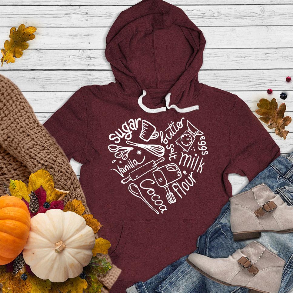 Bakery Heart Hoodie Maroon - Cozy bakery-themed hoodie with playful ingredient design, perfect for casual or home wear.