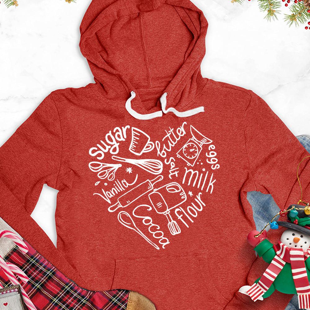 Bakery Heart Hoodie Red - Cozy bakery-themed hoodie with playful ingredient design, perfect for casual or home wear.