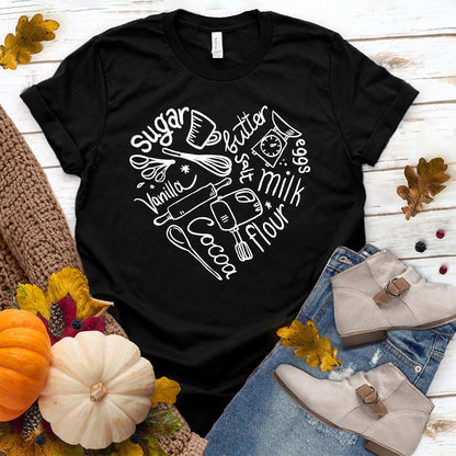 Bakery Heart T-Shirt Black - Casual t-shirt with heart-shaped baking tools graphic design for foodies and bakers.