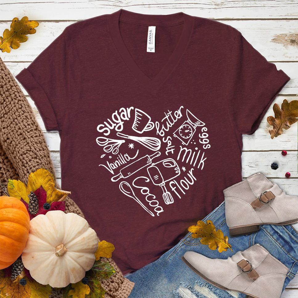 Bakery Heart V-Neck Heather Cardinal - Bakery-themed graphic V-neck tee with heart-shaped baking ingredient design.
