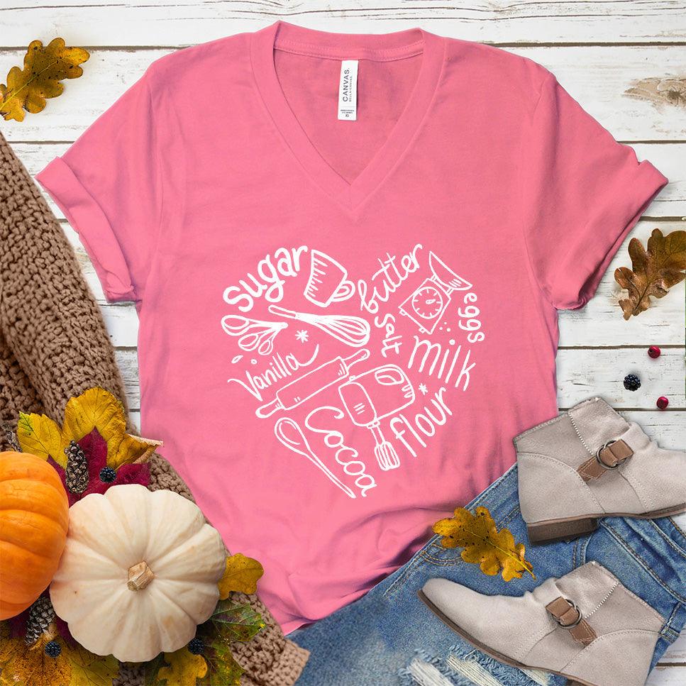 Bakery Heart V-Neck Neon Pink - Bakery-themed graphic V-neck tee with heart-shaped baking ingredient design.