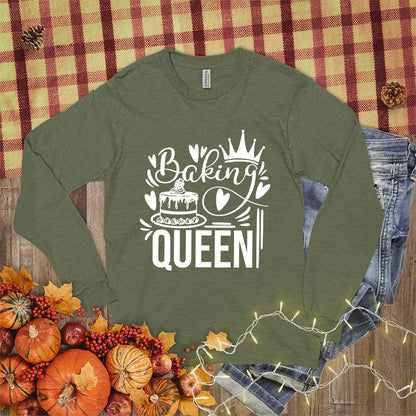 Baking Queen Long Sleeves Military Green - Graphic long sleeve tee with whimsical baking design showcasing rolling pin and whisk
