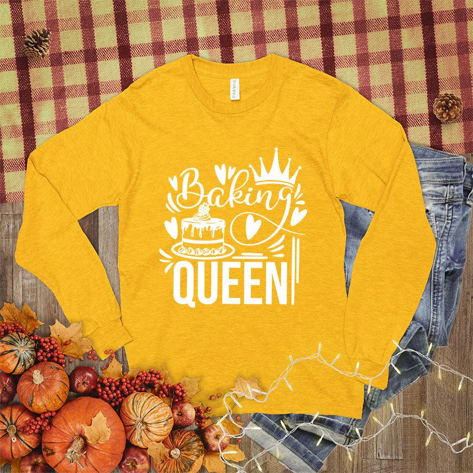 Baking Queen Long Sleeves Mustard - Graphic long sleeve tee with whimsical baking design showcasing rolling pin and whisk